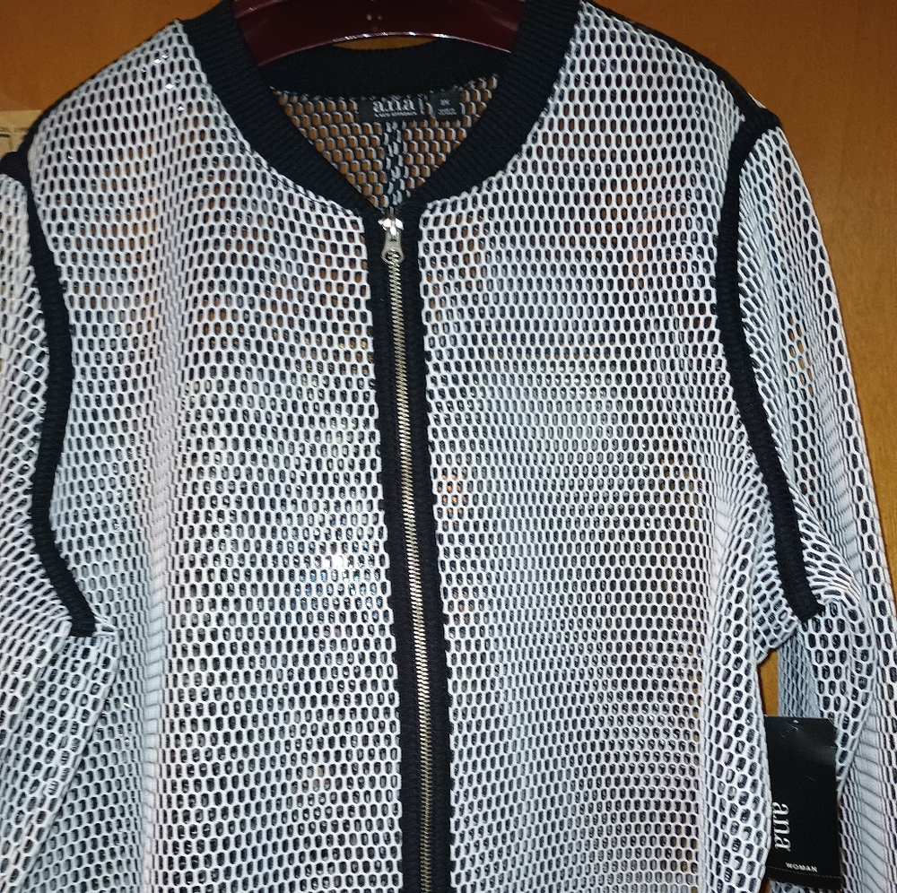 White Fishnet Type Leather Zipper Jacket.